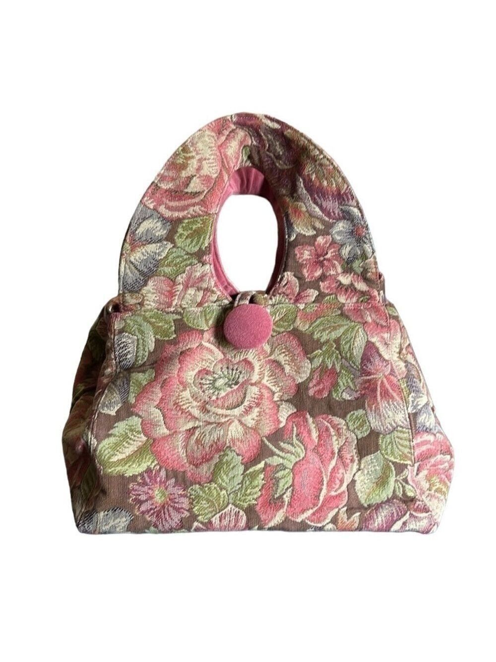 Floral Tapestry Large Tote Back with Rose Pink Faux Suede Trim Vintage